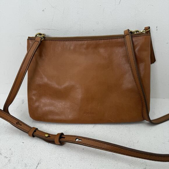 Fossil Devon Double Zip Crossbody Bag Purse Camel Brown Leather EUC - Picture 1 of 15